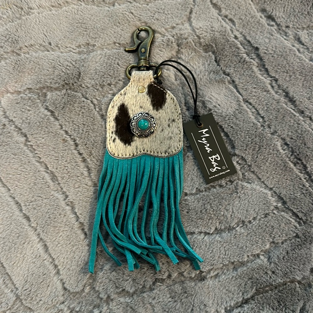 New! Myra Bag Cowhide Leather Hair On Turquoise Fringe Key Chain Fob Bag Charm